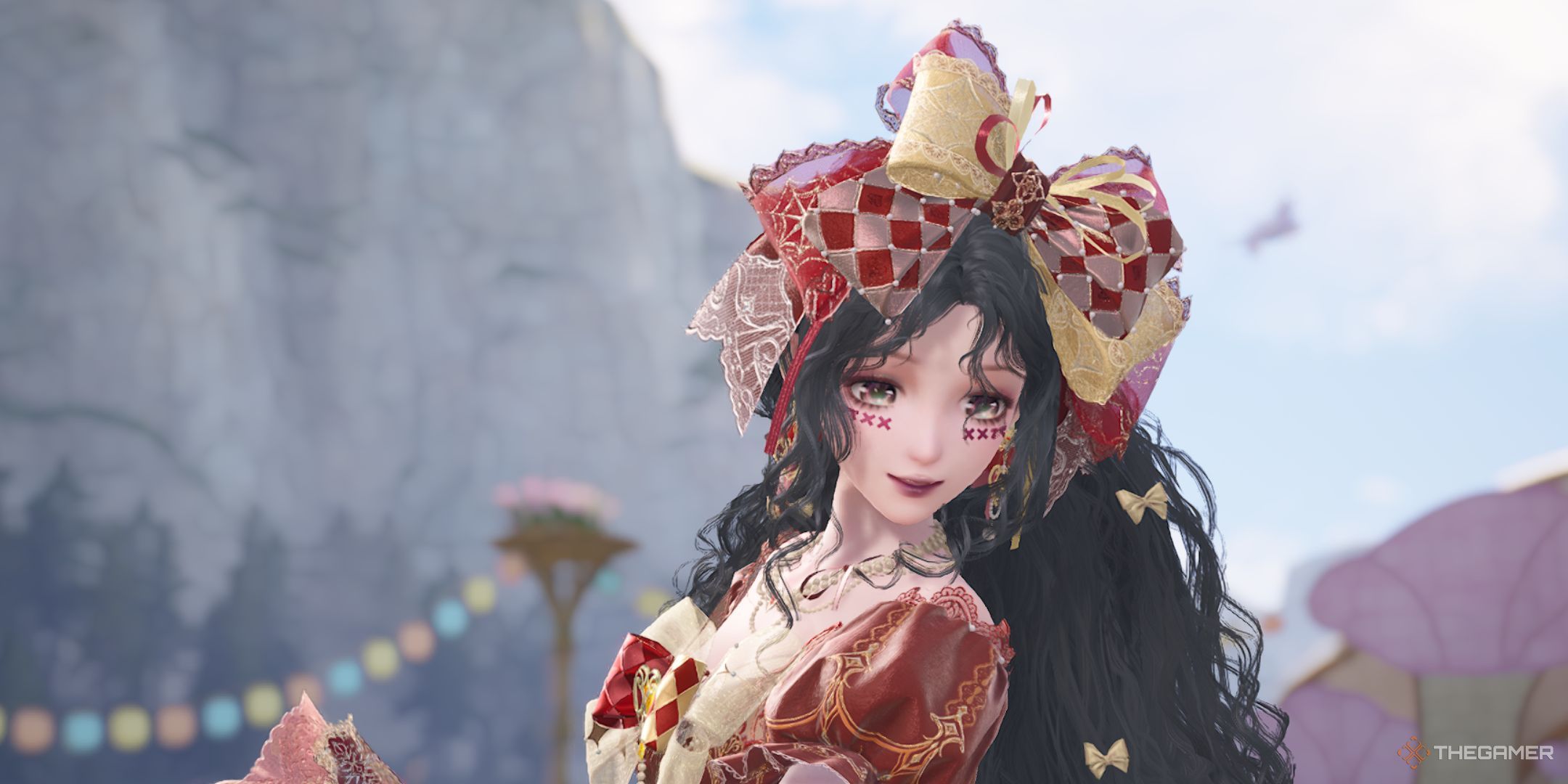 Nikki is wearing The Crimson Rhapsody outfit in Infinity Nikki during a quest cutscene..