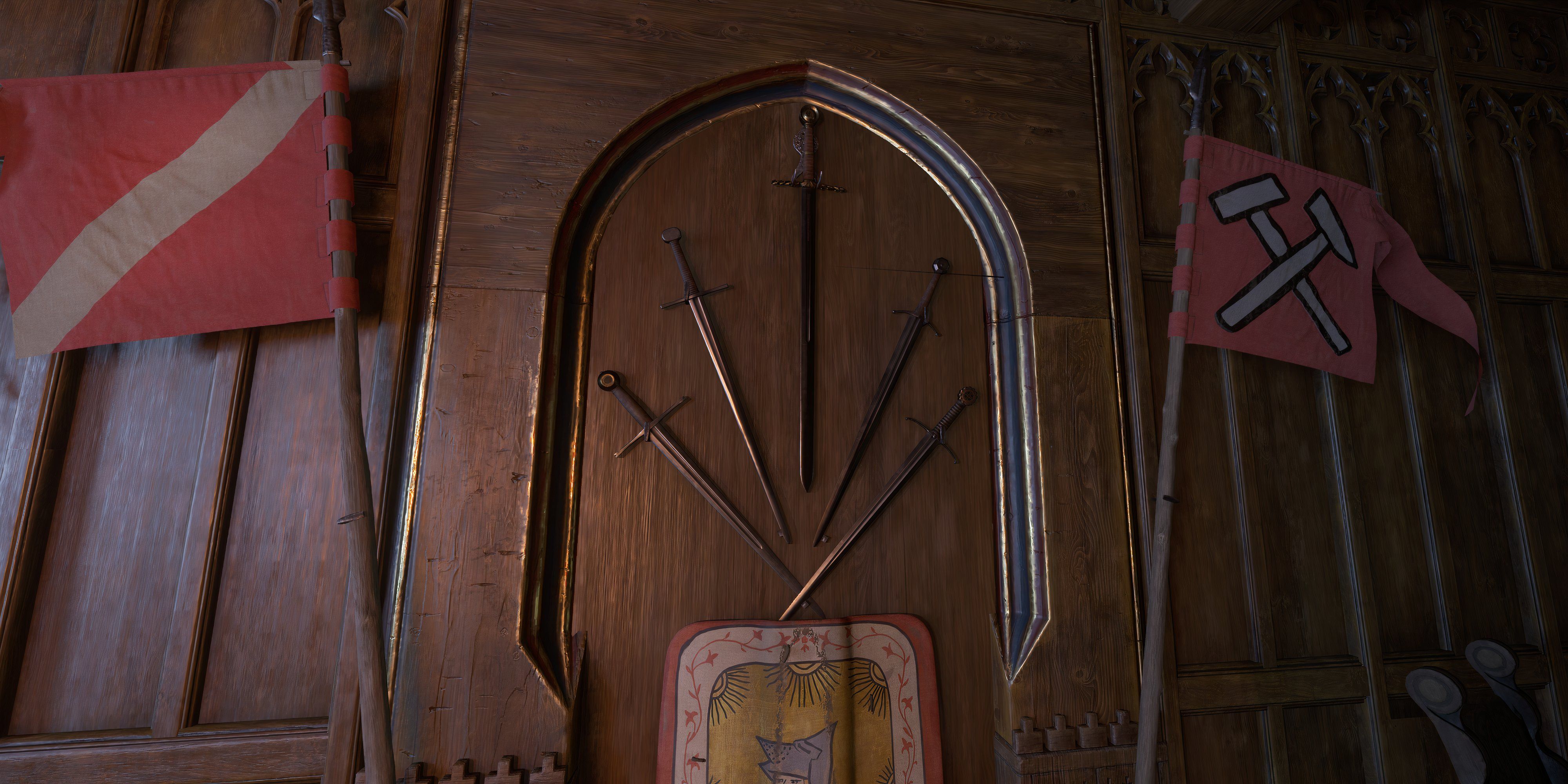 A picture of a shield and a bunch of swords hanging on the wall - kcd2