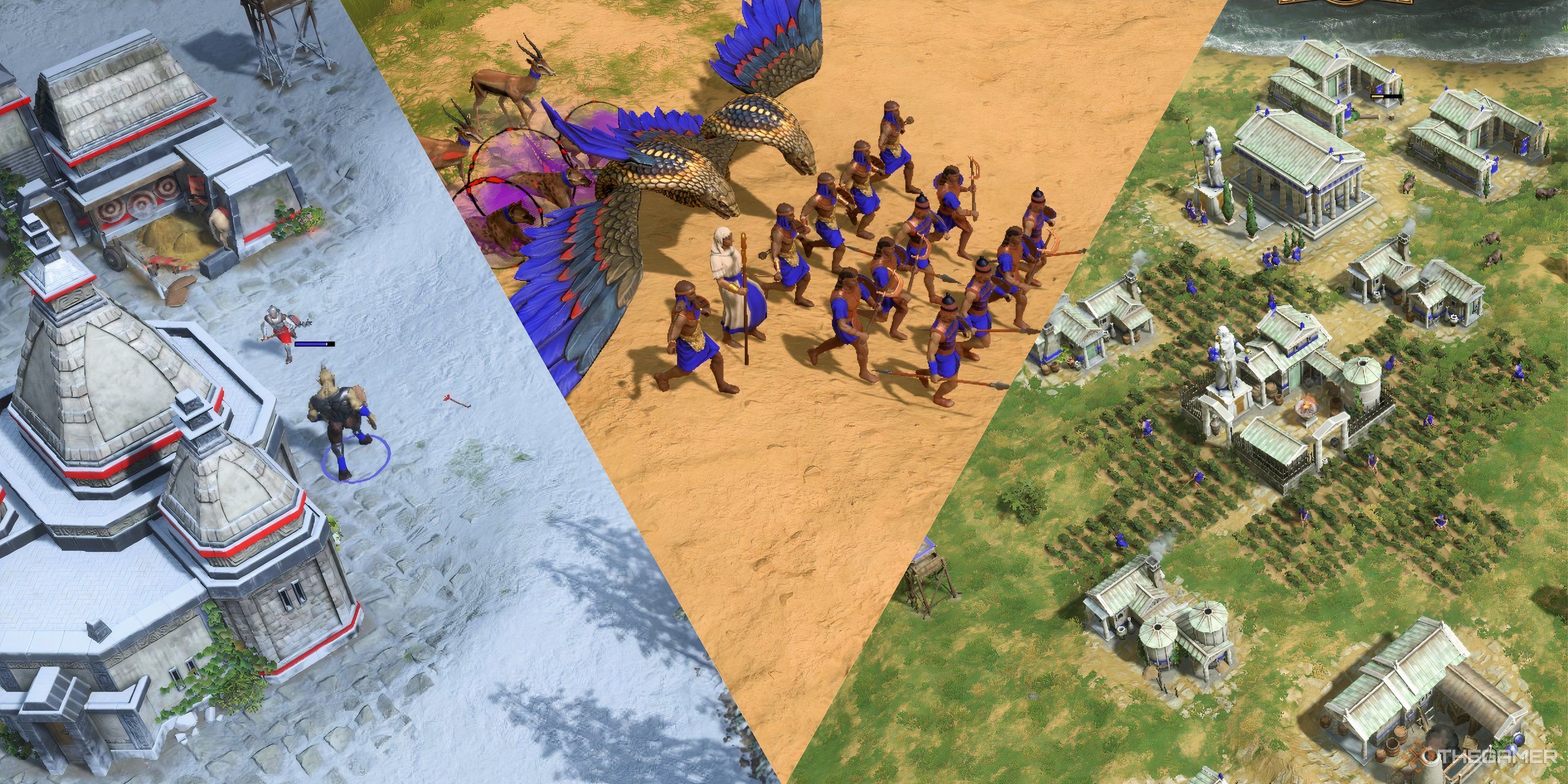 A snowy town being attacked, an army on the sands, and a lush village from Age of Mythology Retold.