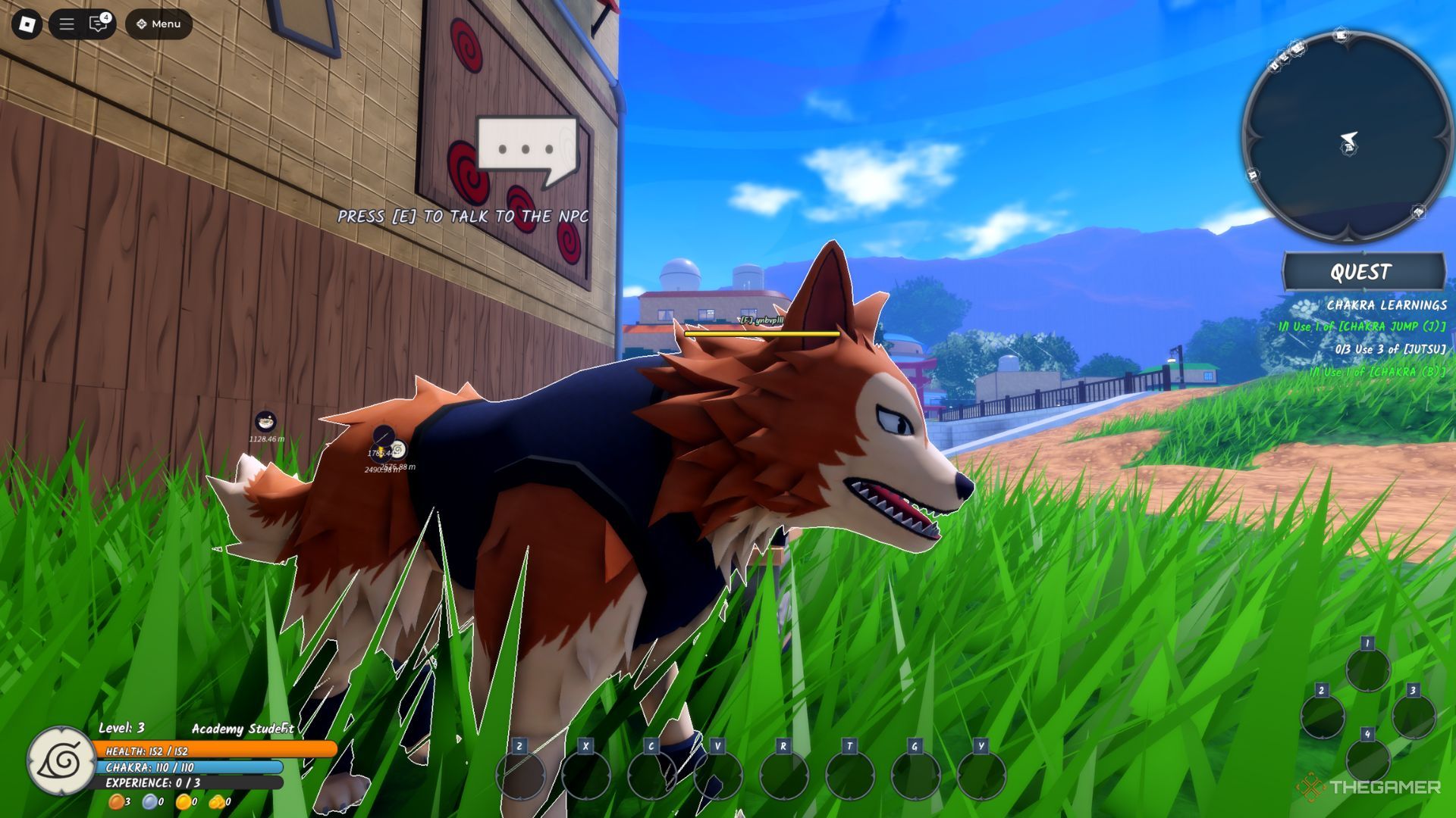 The player character shows a dog mount in the Leaf Village in Ninja Time.