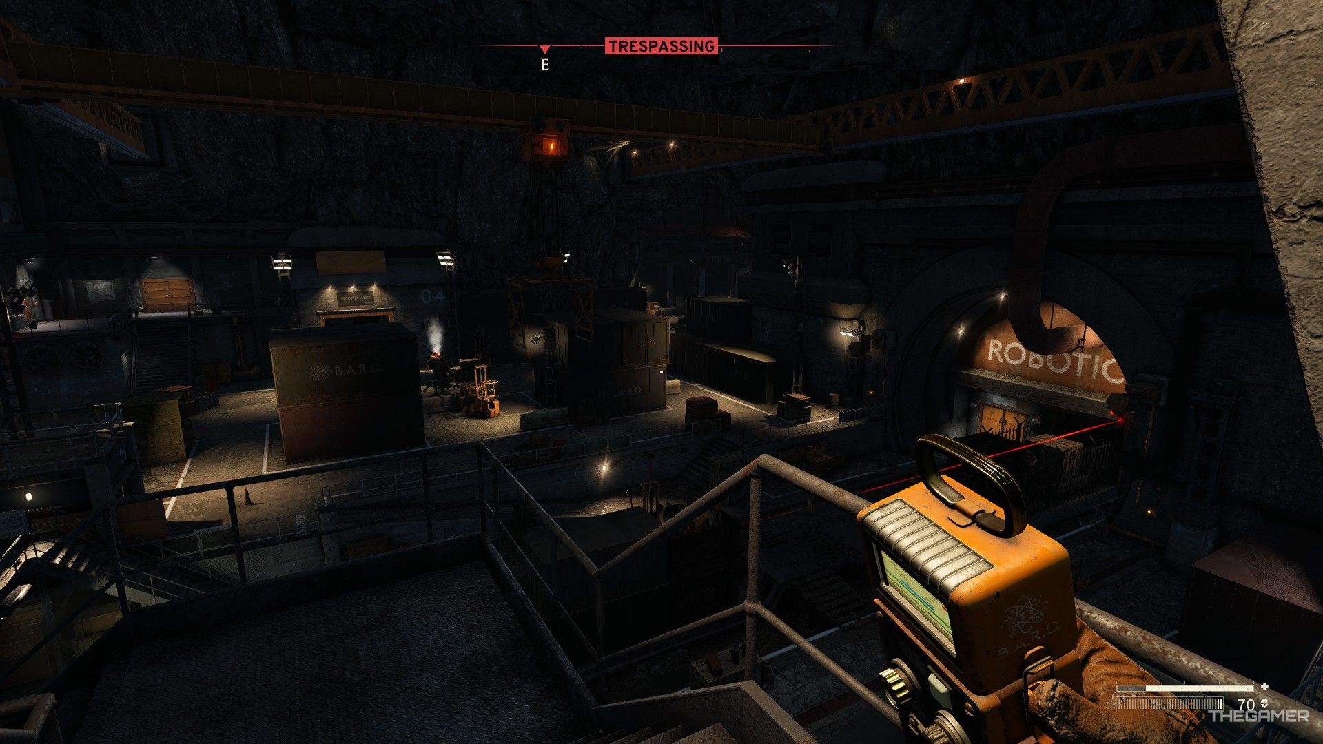 the robotics lab entrance, overseen by sentry turrets, in atomfall.