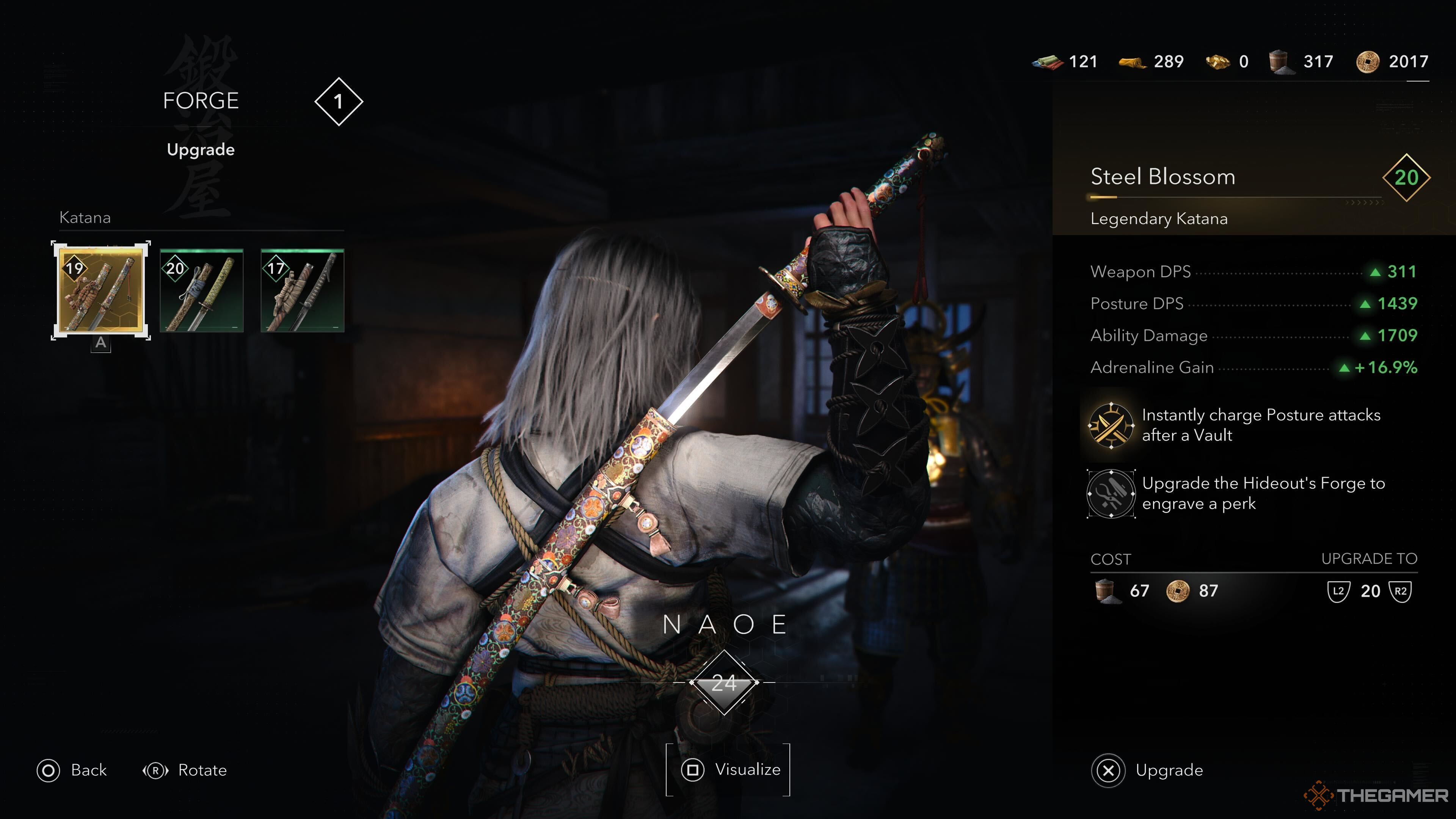 The weapon upgrade screen in Assassin's Creed Shadows.