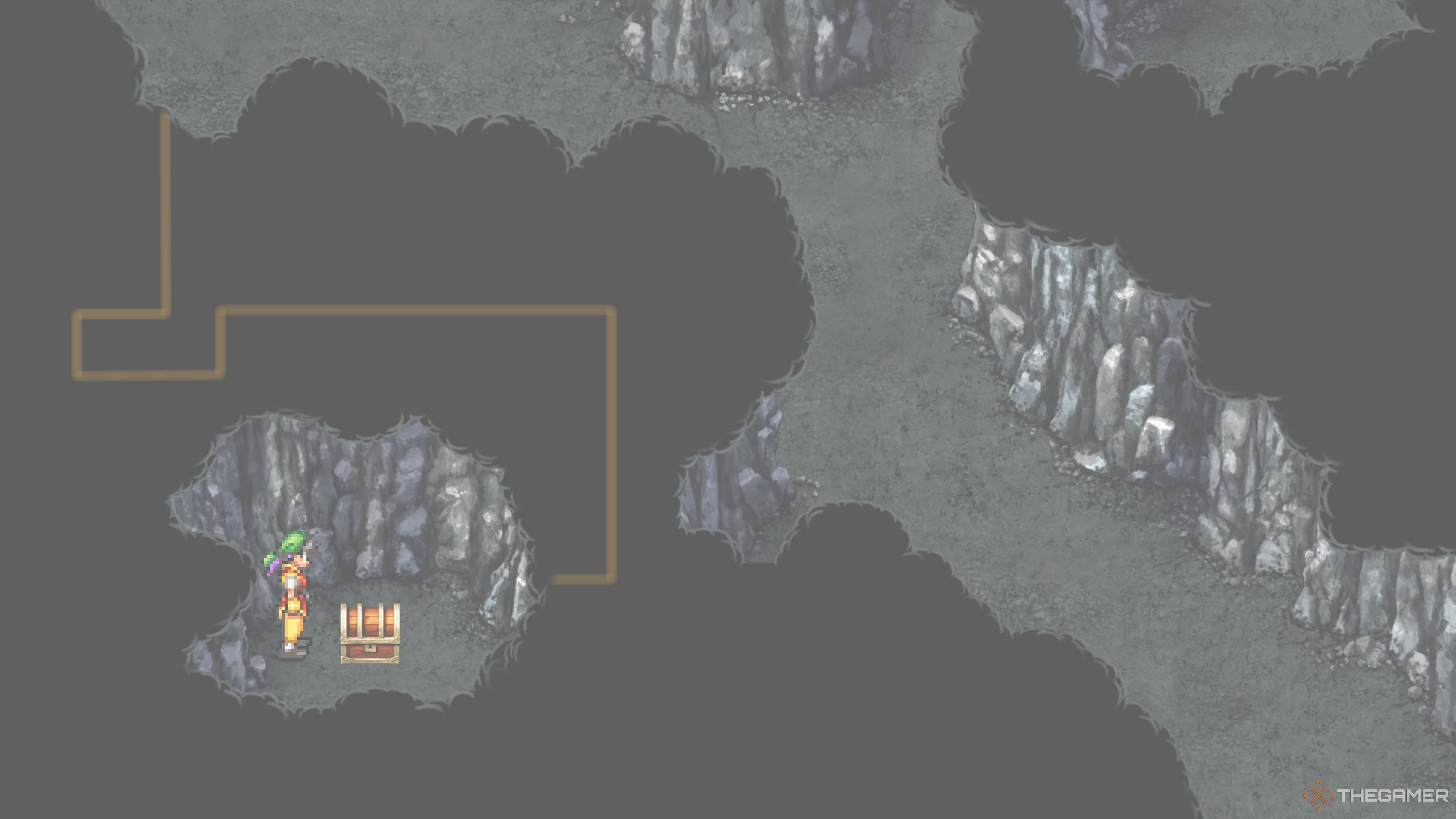 The path to the hard to get treasure chests in the fourth room of the Toran Lake Castle in the Suikoden 1 HD Remaster.