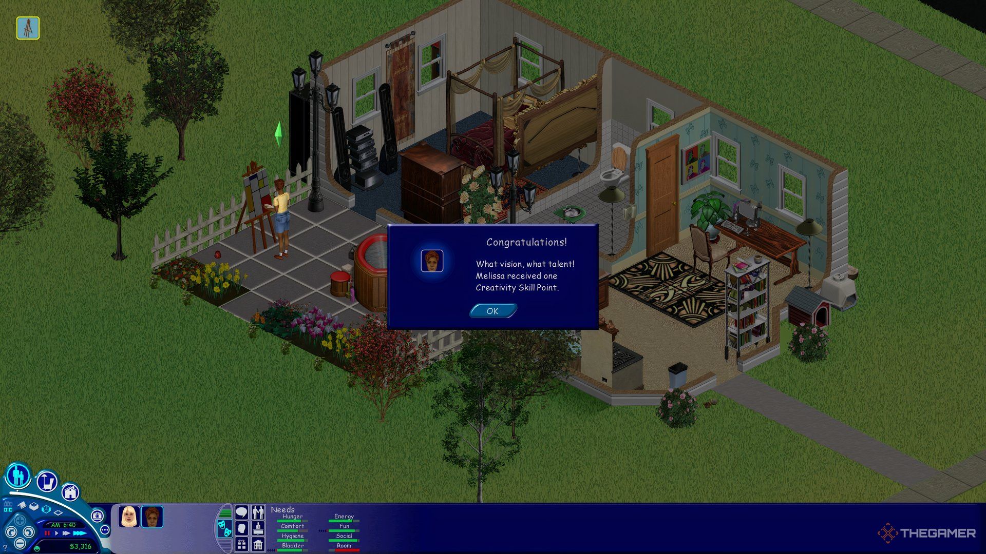 A pop-up in The Sims 1 showing Melissa Roomies getting a Creativity point from painting.