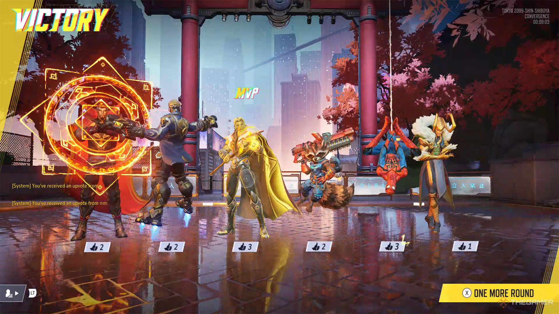 Doctor Strange, Star-Lord, Adam Warlock, Rocket Raccoon, Spider-Man, and Loki stand together after winning a match in Marvel Rivals.