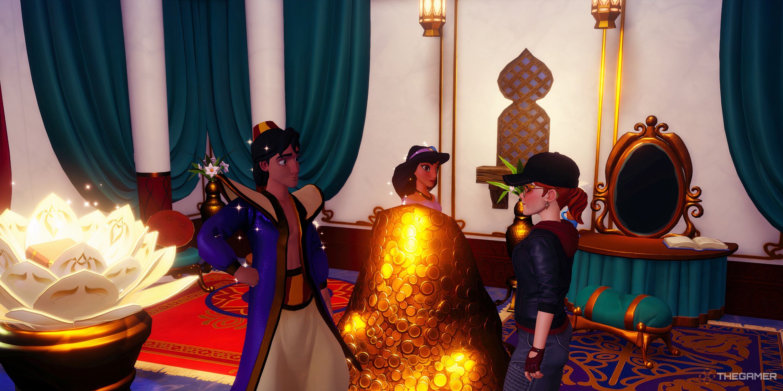 Jasmine in a large pile of coins while the avatar and Aladdin chat.