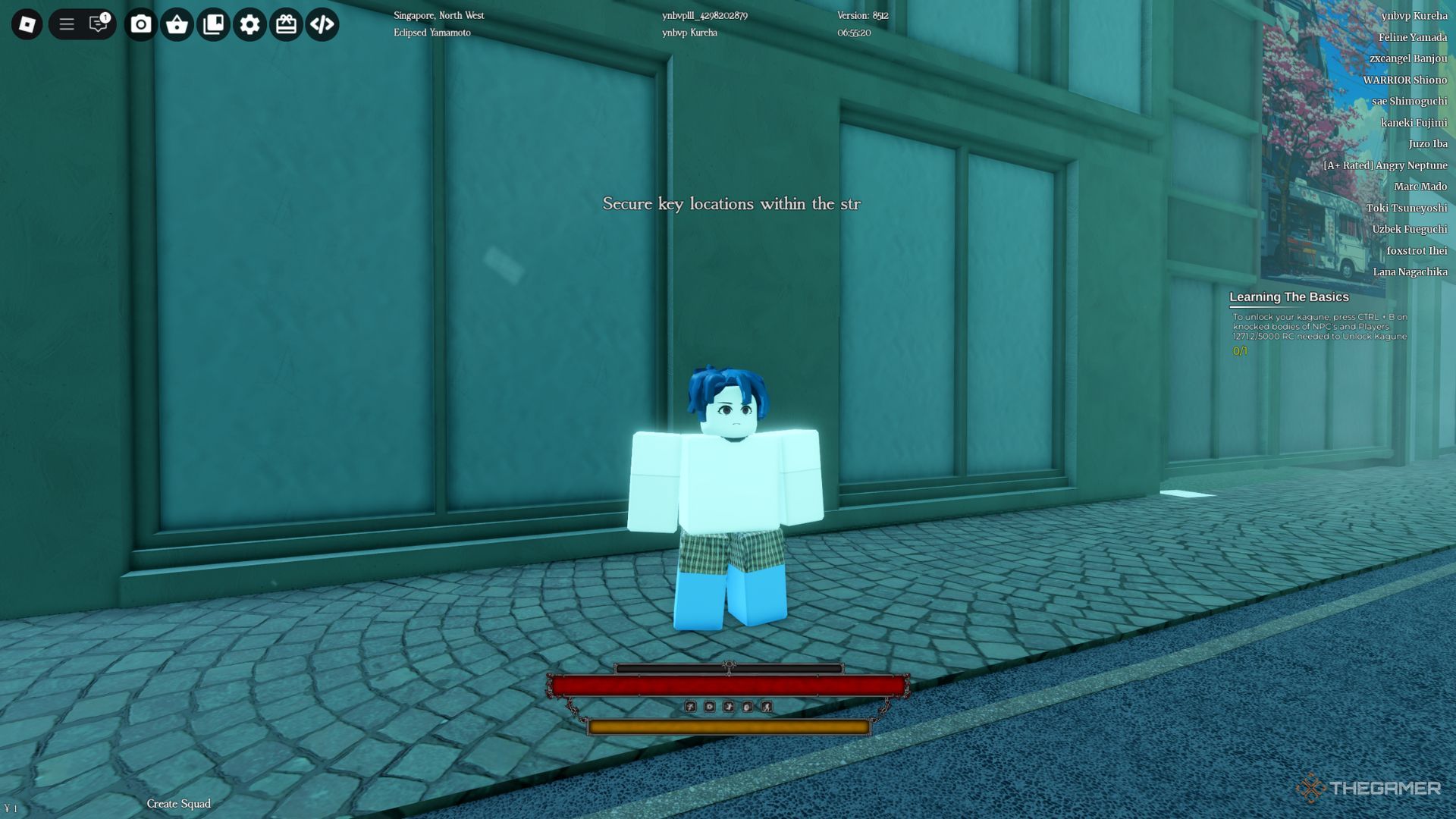 The player character with a blue hair staining on the street in Ghoul Re.