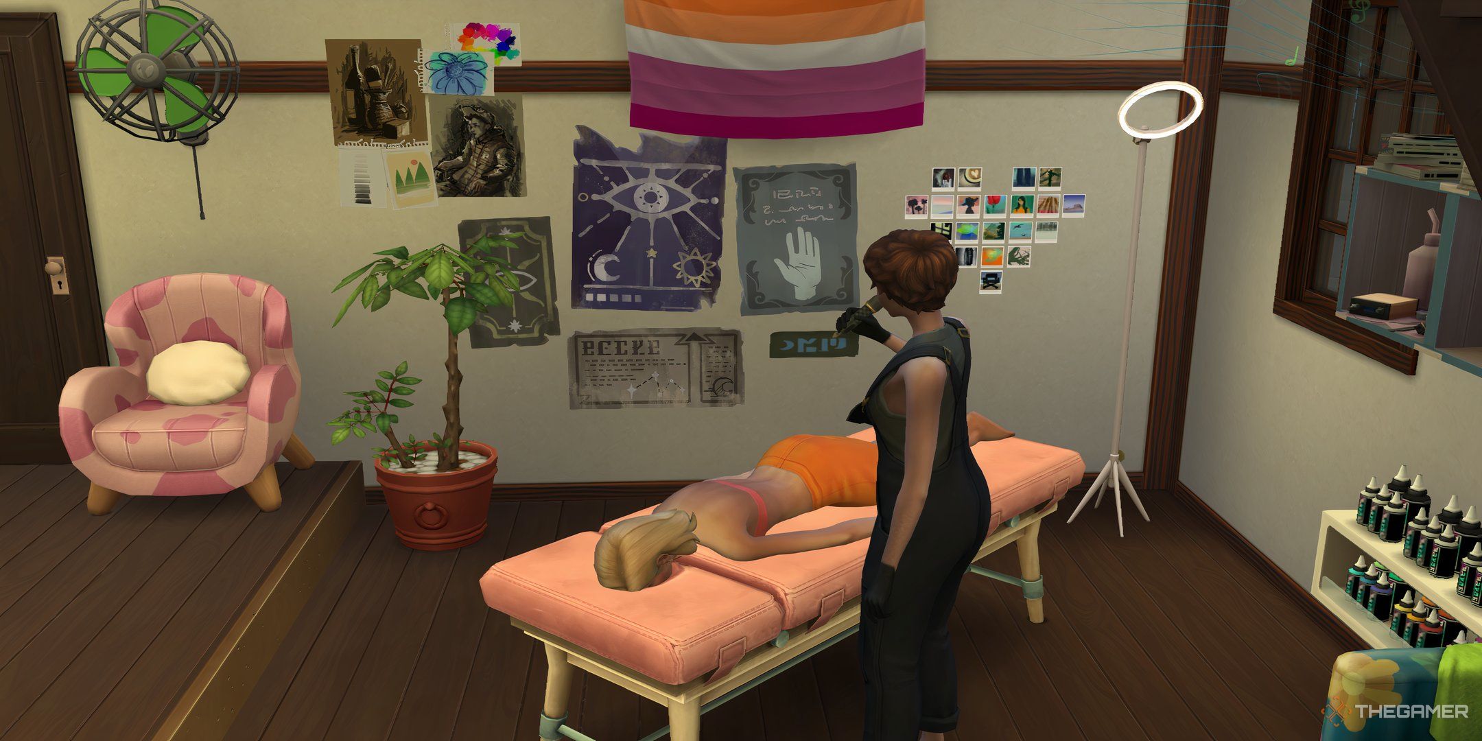 Nancy Landgrabb getting a back tattoo at a tattoo shop in The Sims 4: Businesses and Hobbies.