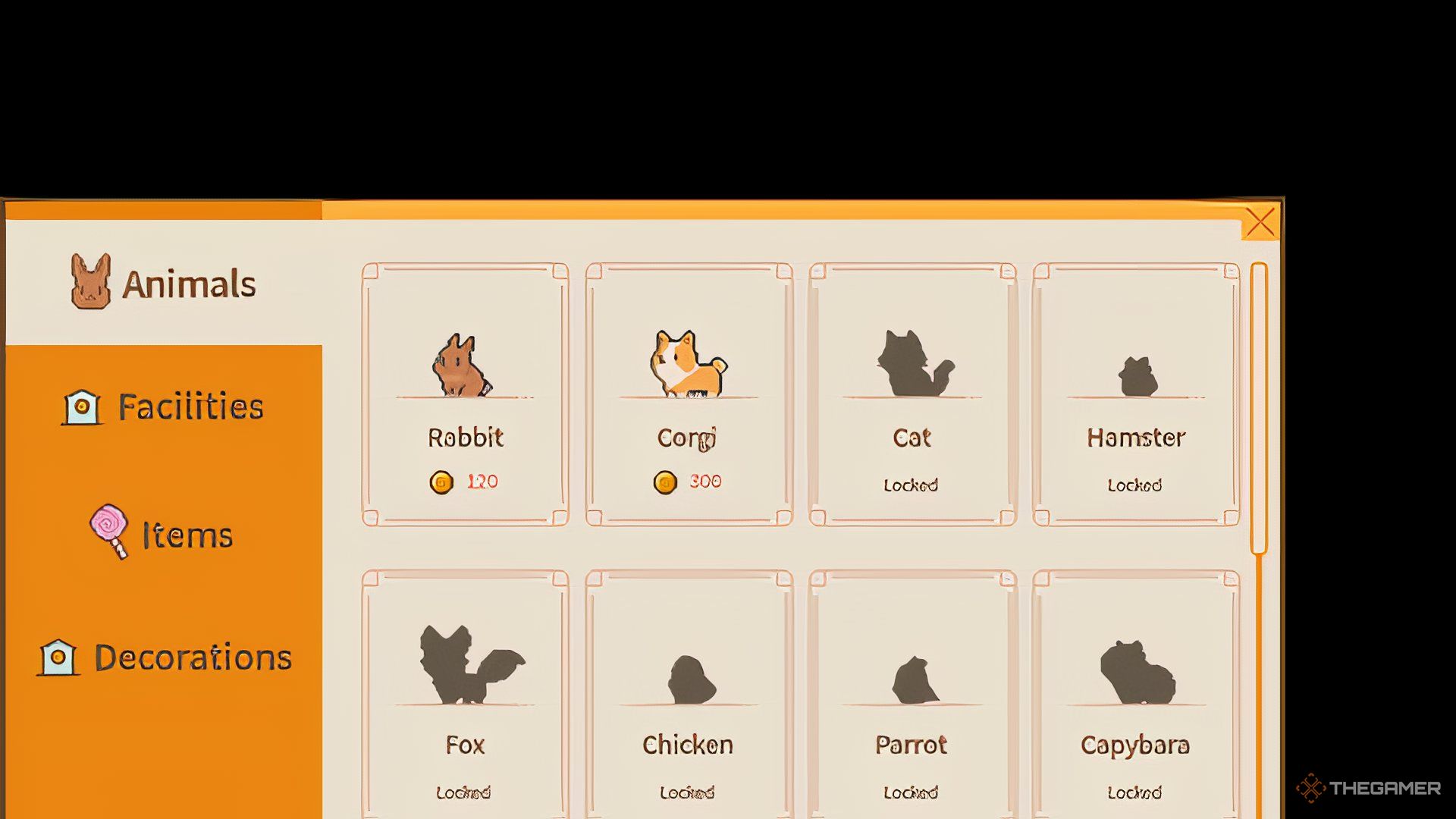 Shop Menu To Buy Animals In Tiny Pasture.