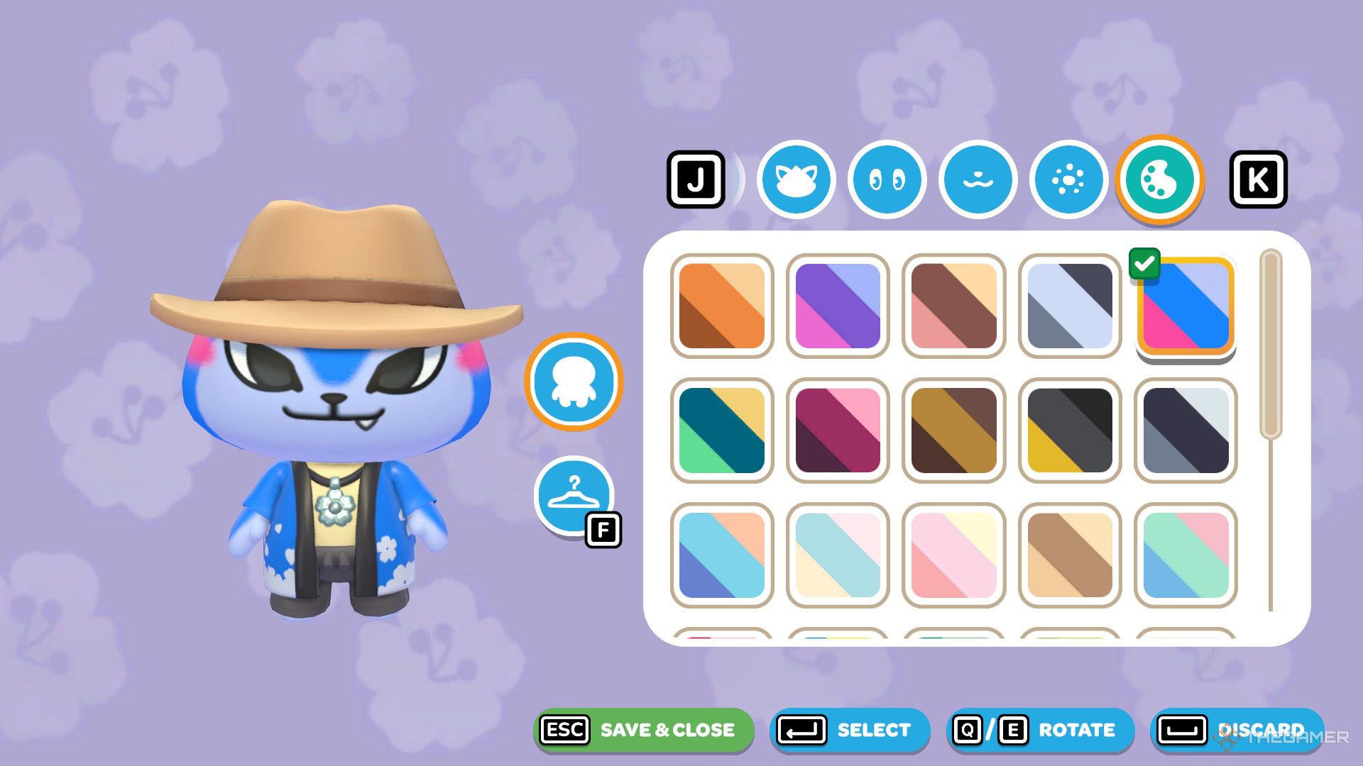 The player is checking the avatar palettes in Hello Kitty Island Adventure.