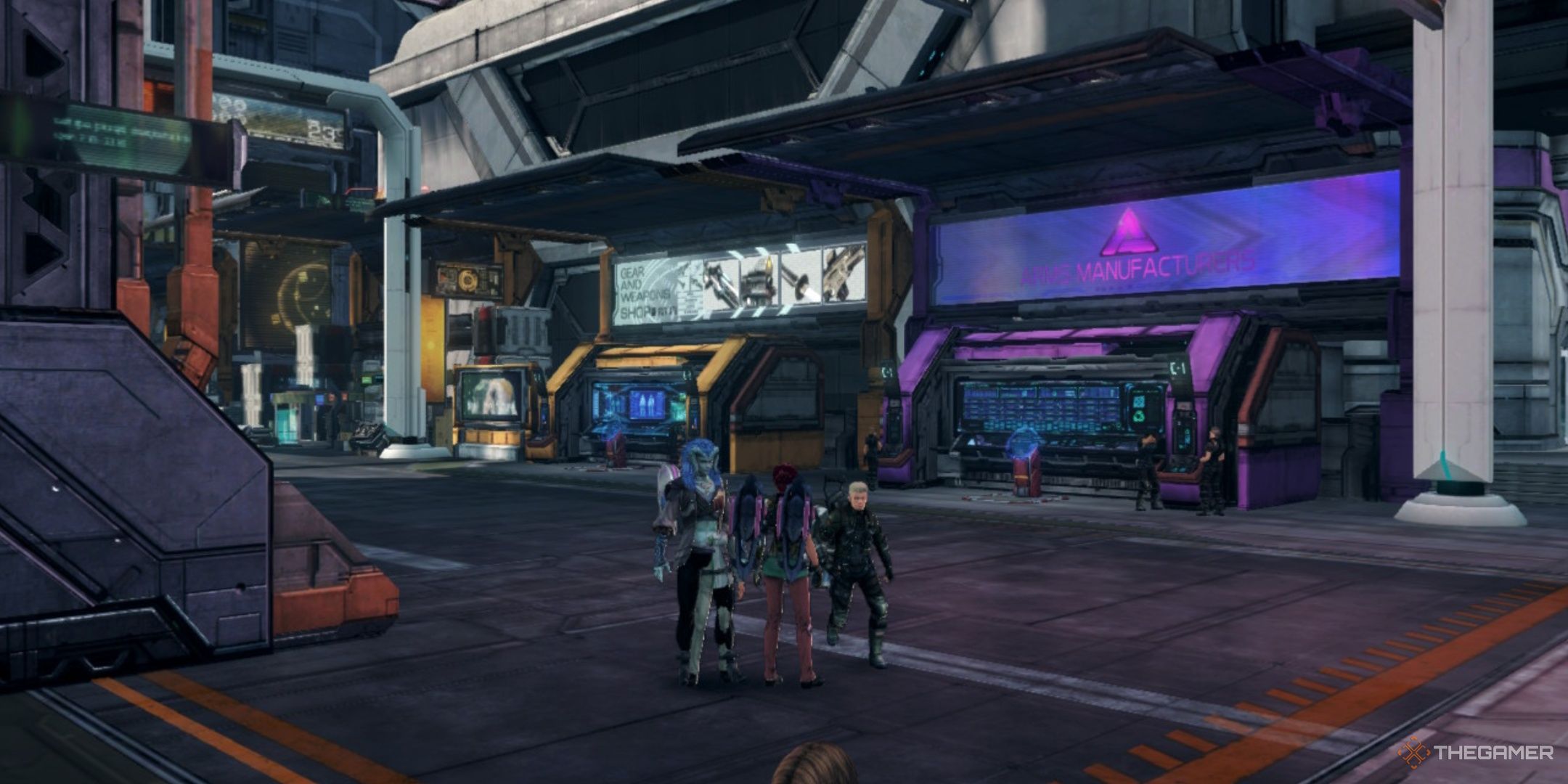 Characters standing around armory alley in xenoblade chronicles x definitive edition.