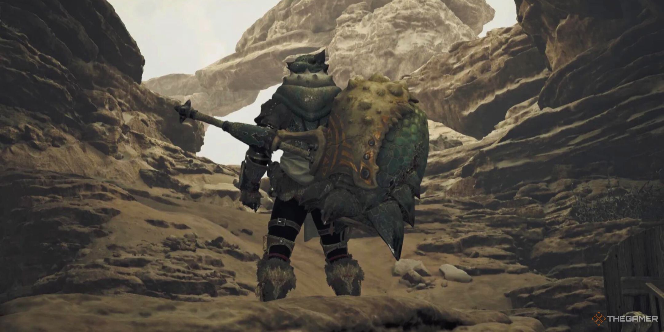 A Hunter stands looking into the distance with a gigantic Hammer on their back in Monster Hunter Wilds.