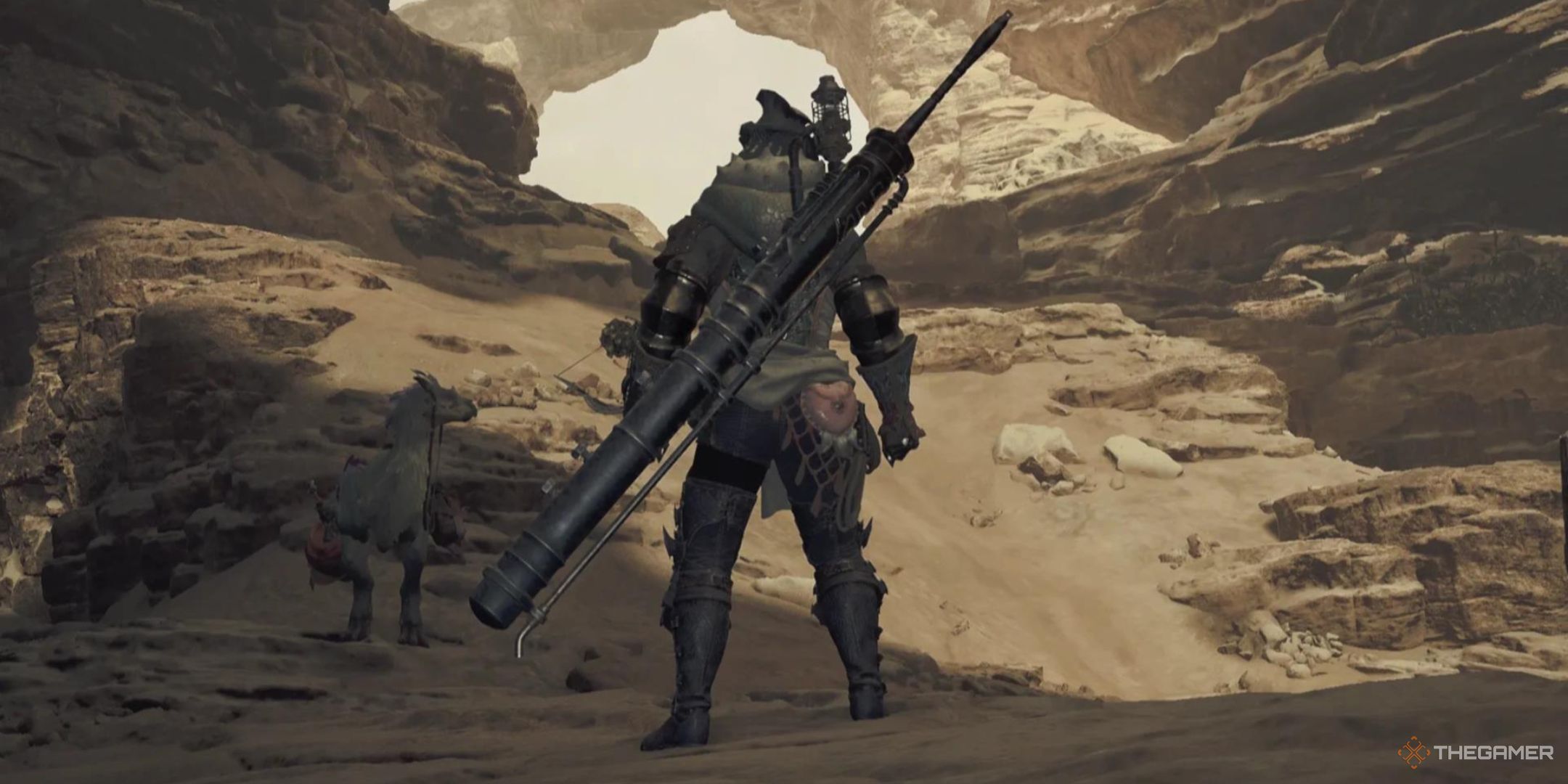 A Hunter with their back to use has a giant sword in a sheathe strapped to their back in Monster Hunter Wilds.