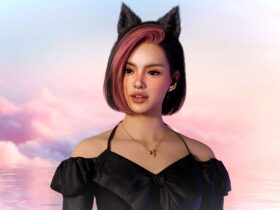 inZOI Character Studio screenshot showing a young woman with short black/pink hair, black cat-like ears, and a black blouse with a bowtie