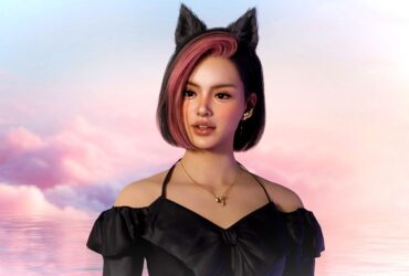 inZOI Character Studio screenshot showing a young woman with short black/pink hair, black cat-like ears, and a black blouse with a bowtie