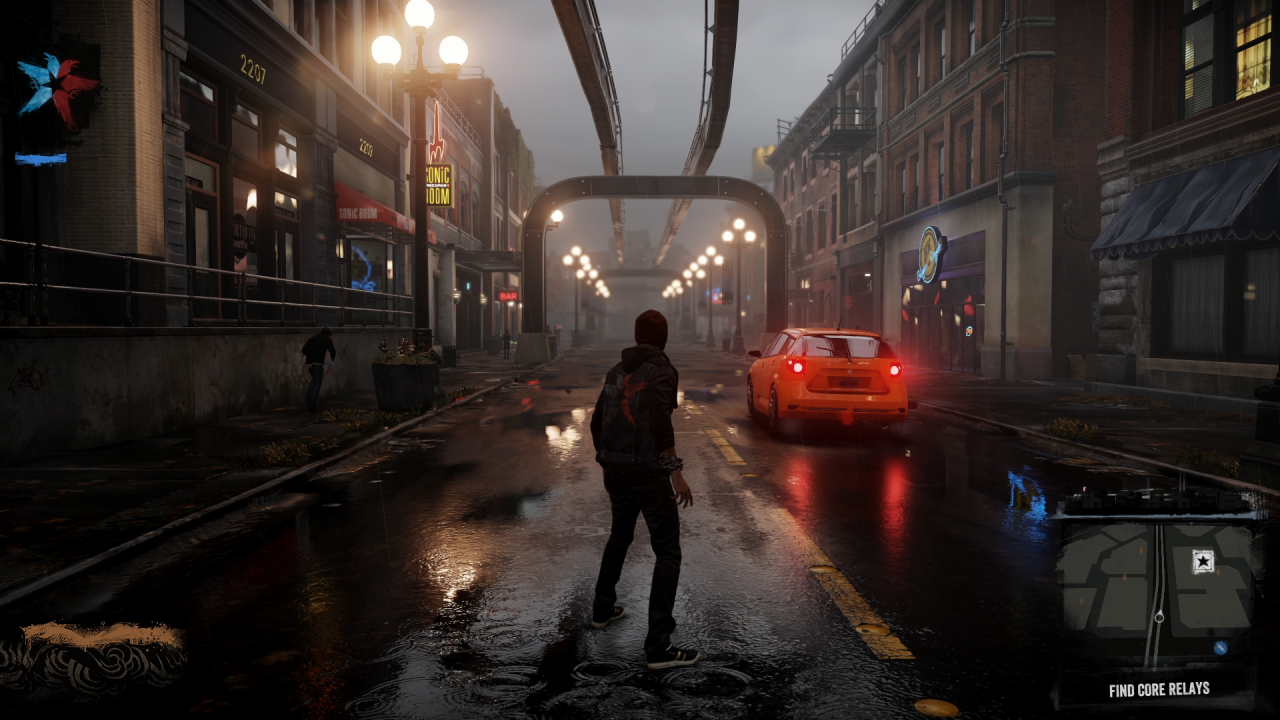 Infamous Second Son gameplay of Delsin Rowe on a street.