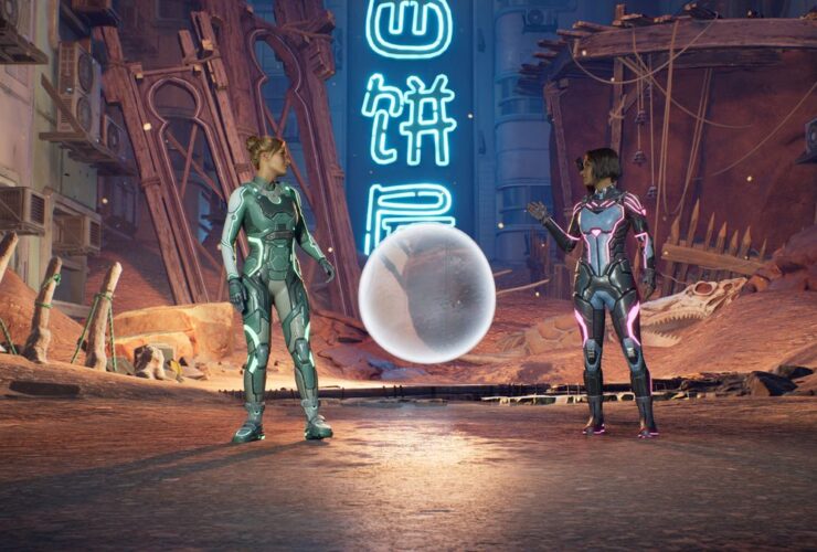 Mio and Zoe talking by a big bubble in a city setting in Split Fiction