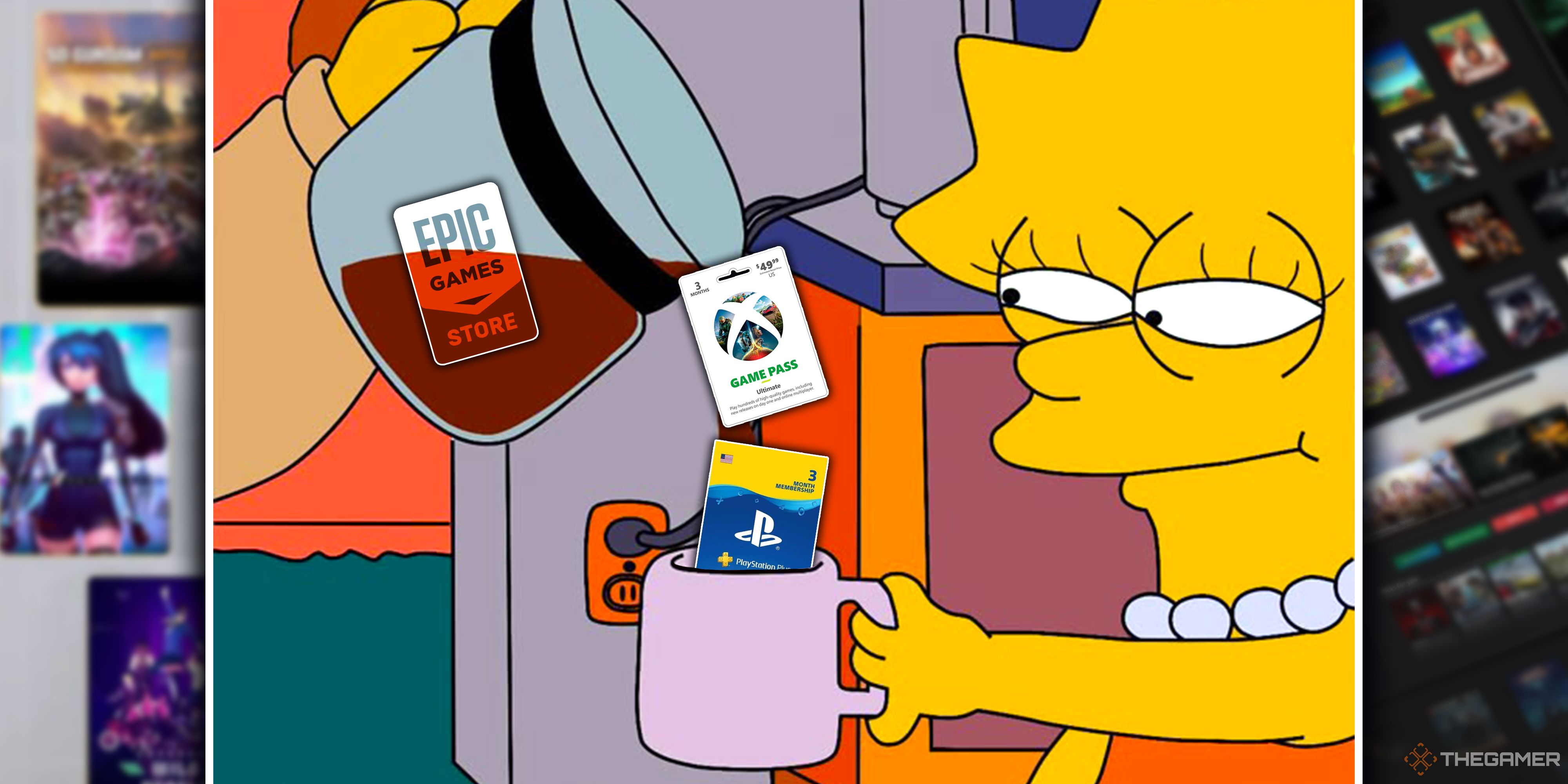 Lisa Simpson getting poured a mug of coffee, but the coffee includes the logos for the Epic Games Store, Xbox Game Pass, and PlayStation Plus.