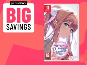 Image of the official Nintendo Switch box art for Doki Doki Literature Club on a pink GamesRadar background.