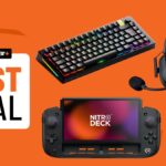 CRKD Nitro Deck, Glorious GMMK 3 Pro HE, Razer BlackShark V2 Hyperspeed, and Glorious Series 2 Pro gaming accessories on an orange background with badge reading 'best deal'