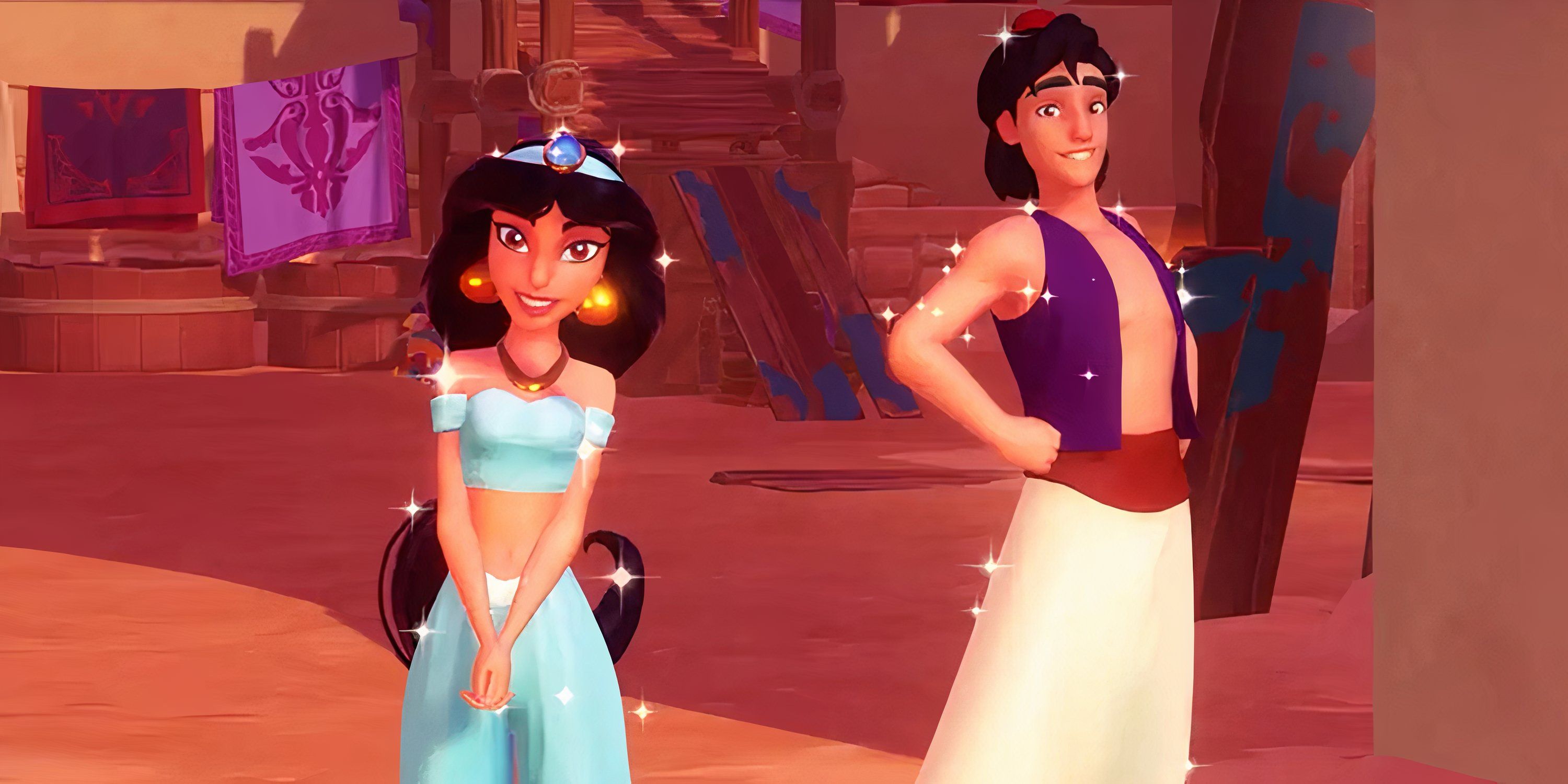 Aladdin and Jasmine in their realm from Dreamlight Valley.