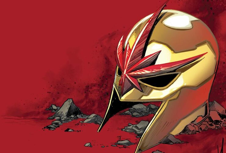 Nova's helmet sitting among rubble