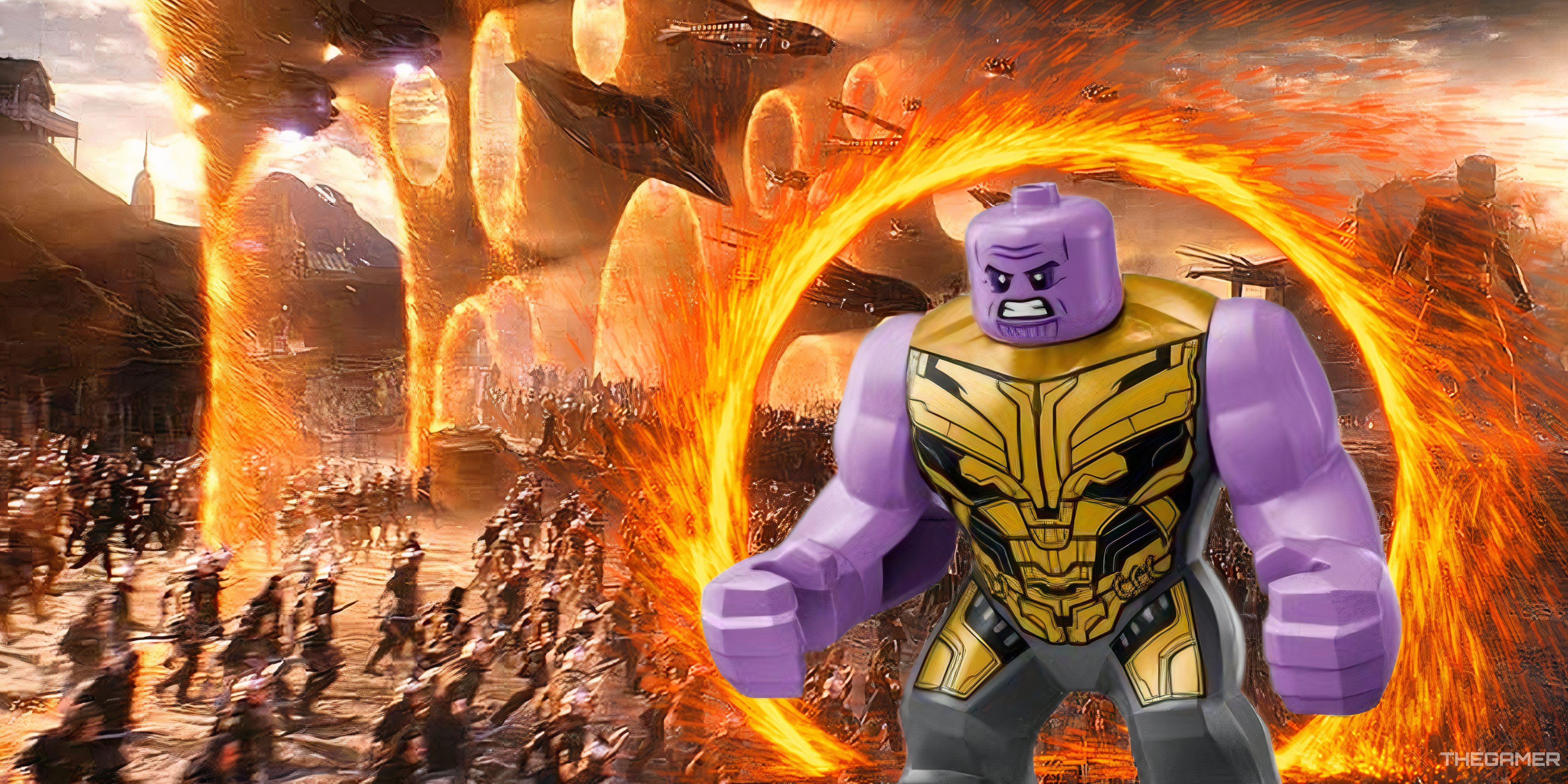 thanos lego minifigure emerging from a portal during the avengers endgame battle.