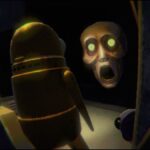 Screenshot from R.E.P.O, showing a scary ghoul face popping out of the shadows to spook a tin-man.
