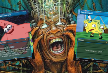 Mind Rot card art (showing a human screaming in agony) with two meme Spongebob Squarepants Secret Lair cards laid over top