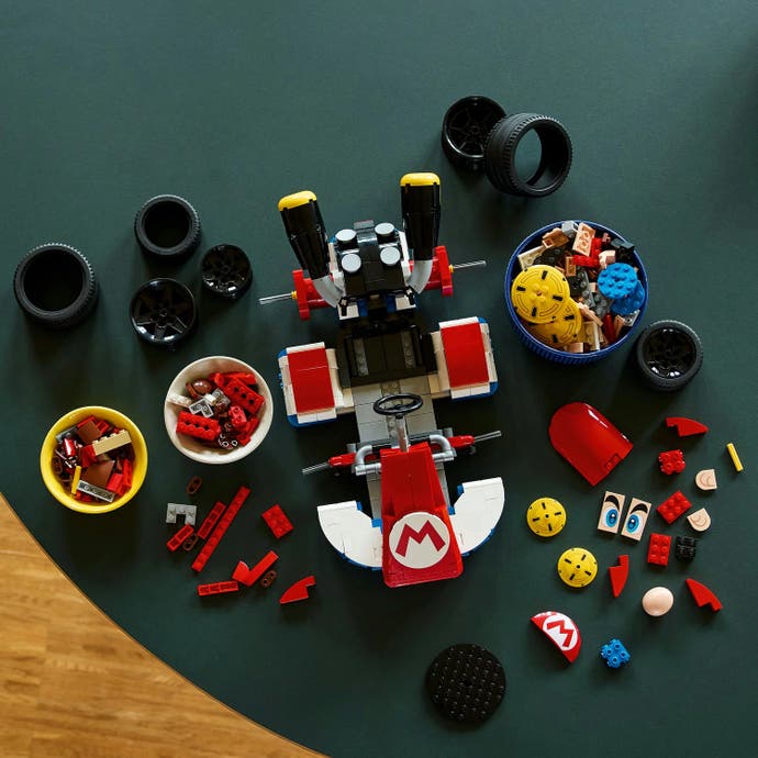 Mario Kart Lego set pieces laid on a table