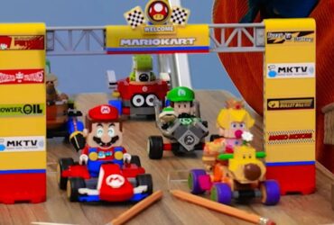 Mario Kart fan creates chain reaction race track with Lego, books and an ironing board