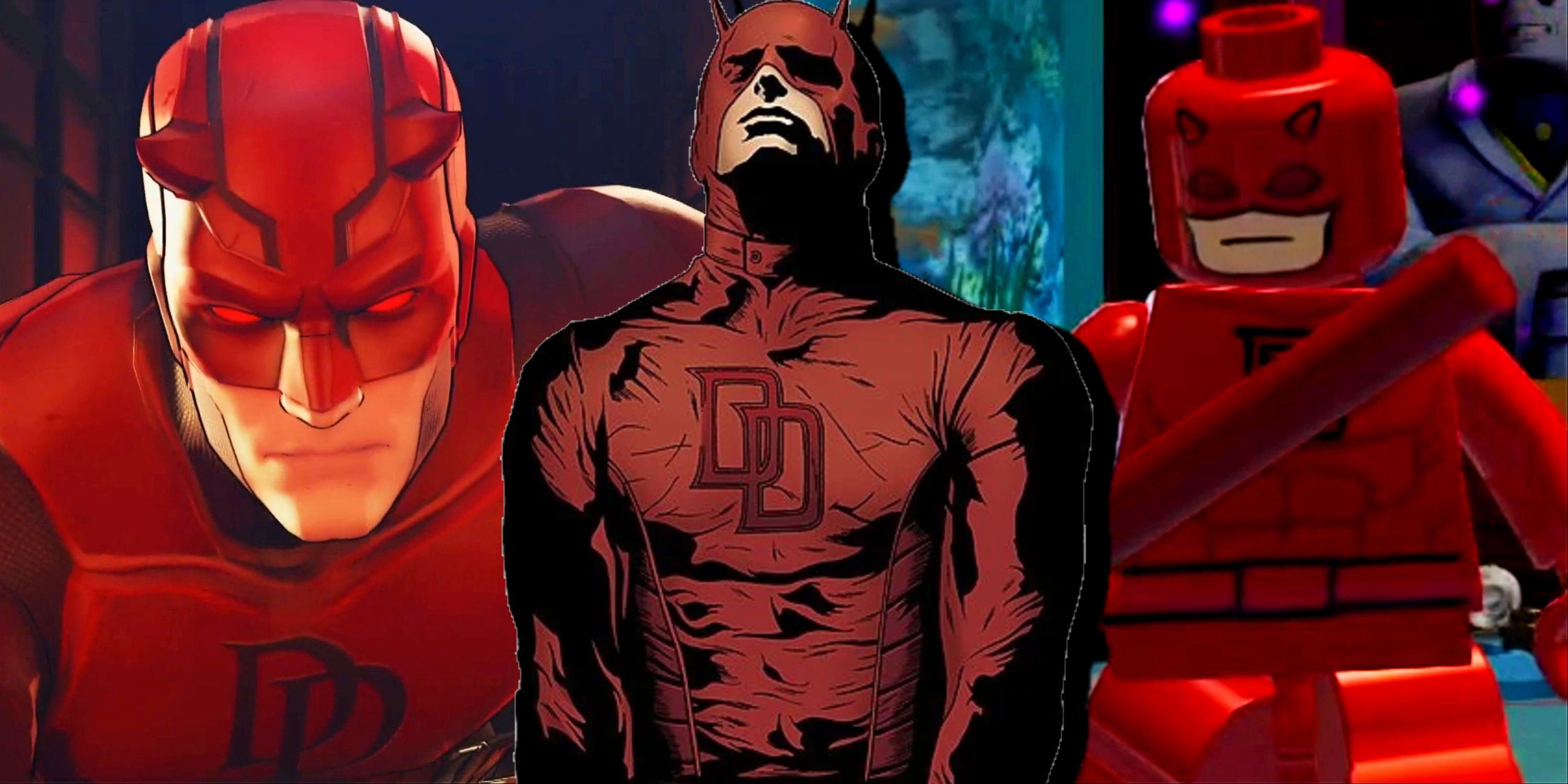 Split image of Daredevil in Marvel Ultimate Alliance 3 The Black Order, Marvel Nemesis Rise Of The Imperfects, and LEGO Marvel Super Heroes 2