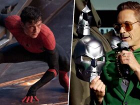 Tom Holland in Spider-Man: No Way Home and Robert Downey Jr. during the Doctor Doom announcement at Marvel's SDCC panel