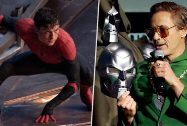 Tom Holland in Spider-Man: No Way Home and Robert Downey Jr. during the Doctor Doom announcement at Marvel's SDCC panel