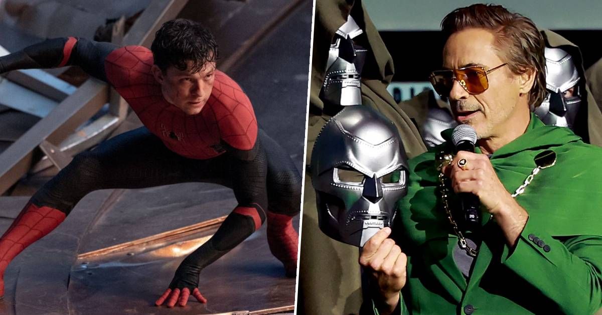 Tom Holland in Spider-Man: No Way Home and Robert Downey Jr. during the Doctor Doom announcement at Marvel's SDCC panel