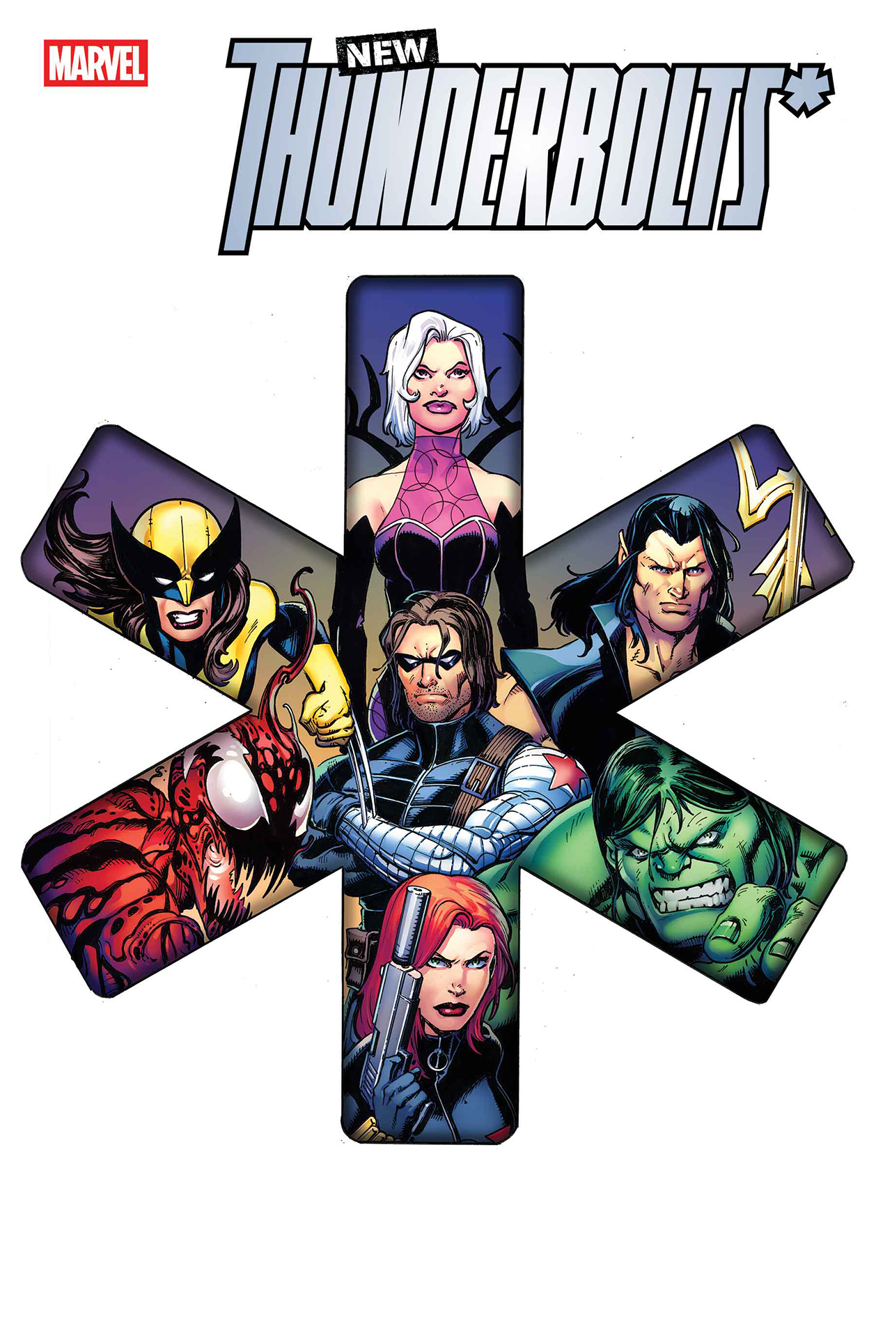 Portraits of the New Thunderbolts arranged in an asterisk pattern