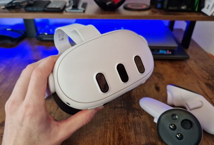 Meta Quest 3 from the front being held by a reviewer