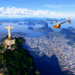 An orange helicopter flies above Rio de Janeiro.
