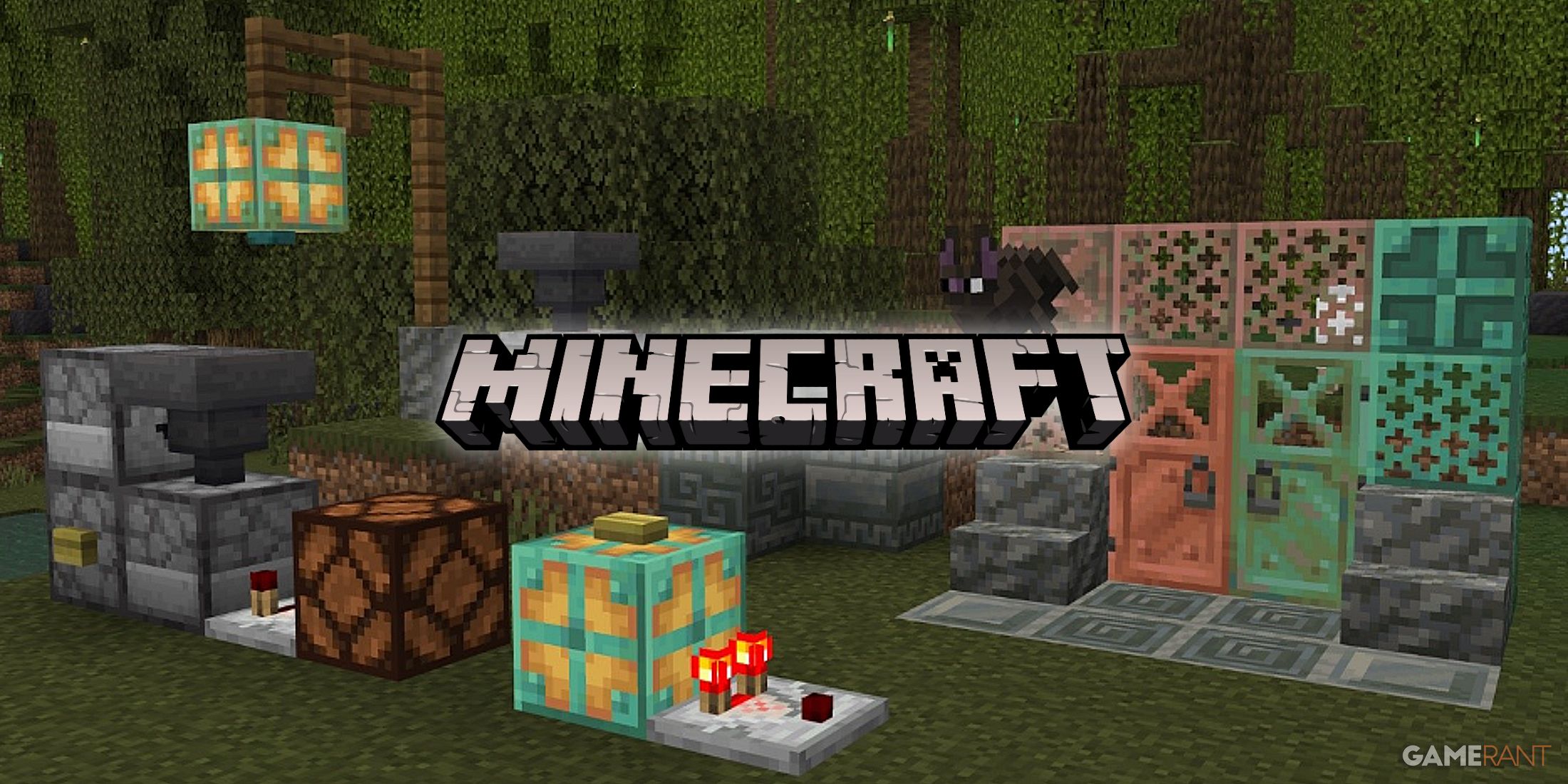 A selection of copper and tuff blocks from Minecraft's 1.21 Tricky Trials update in a Mangrove Swamp biome.