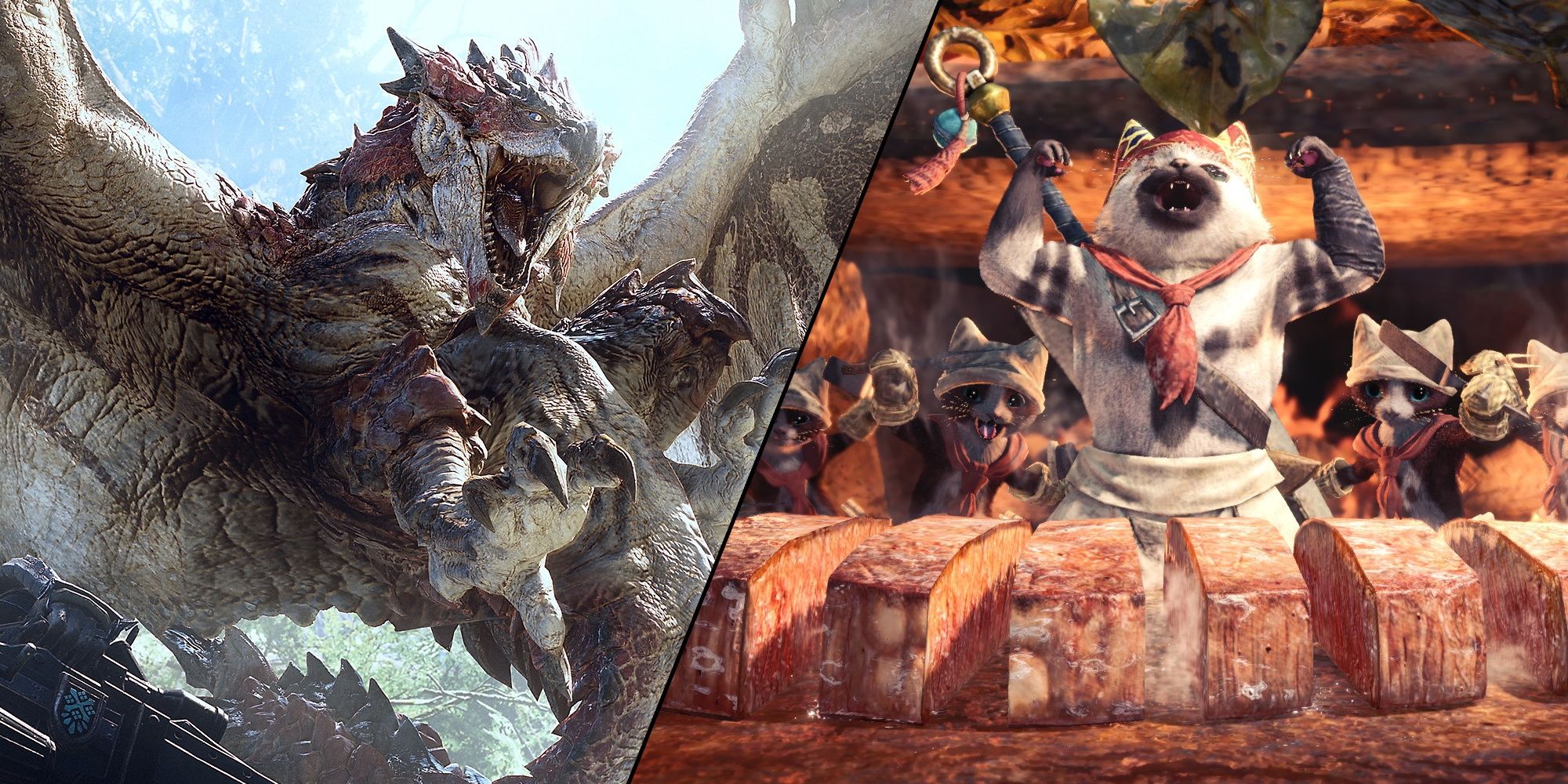 Monster Hunter, Relatable Things Everyone Does Featured Image (with both a Rathalos swooping in and a Palico chef celebrating his culinary prowess) 