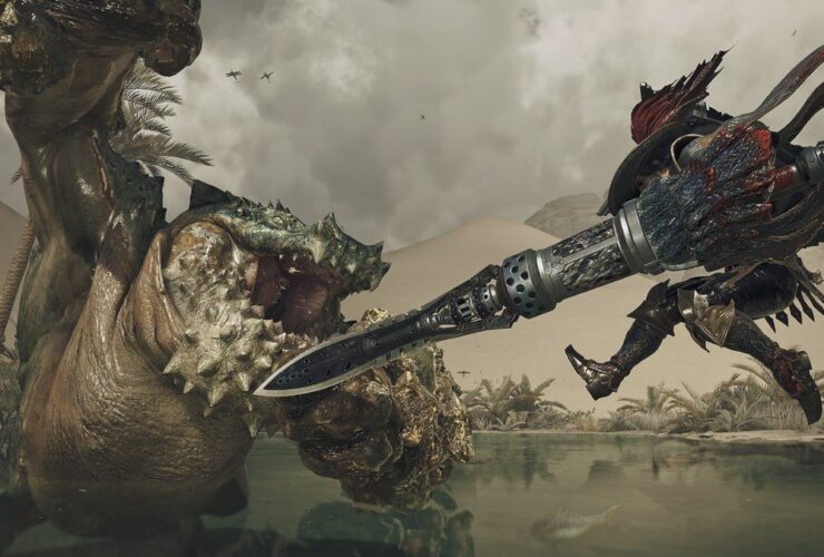 Monster Hunter Wilds screenshot showing a chatacabra battling a hunter