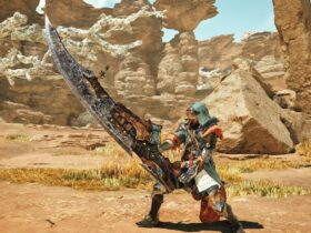 Monster Hunter Wilds screenshot of a hunter holding a steel great sword