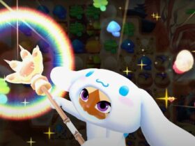 A screenshot shows the cat protagonist of Monster Hunter Puzzles waving a wand while wearing a Cinnamoroll costume.