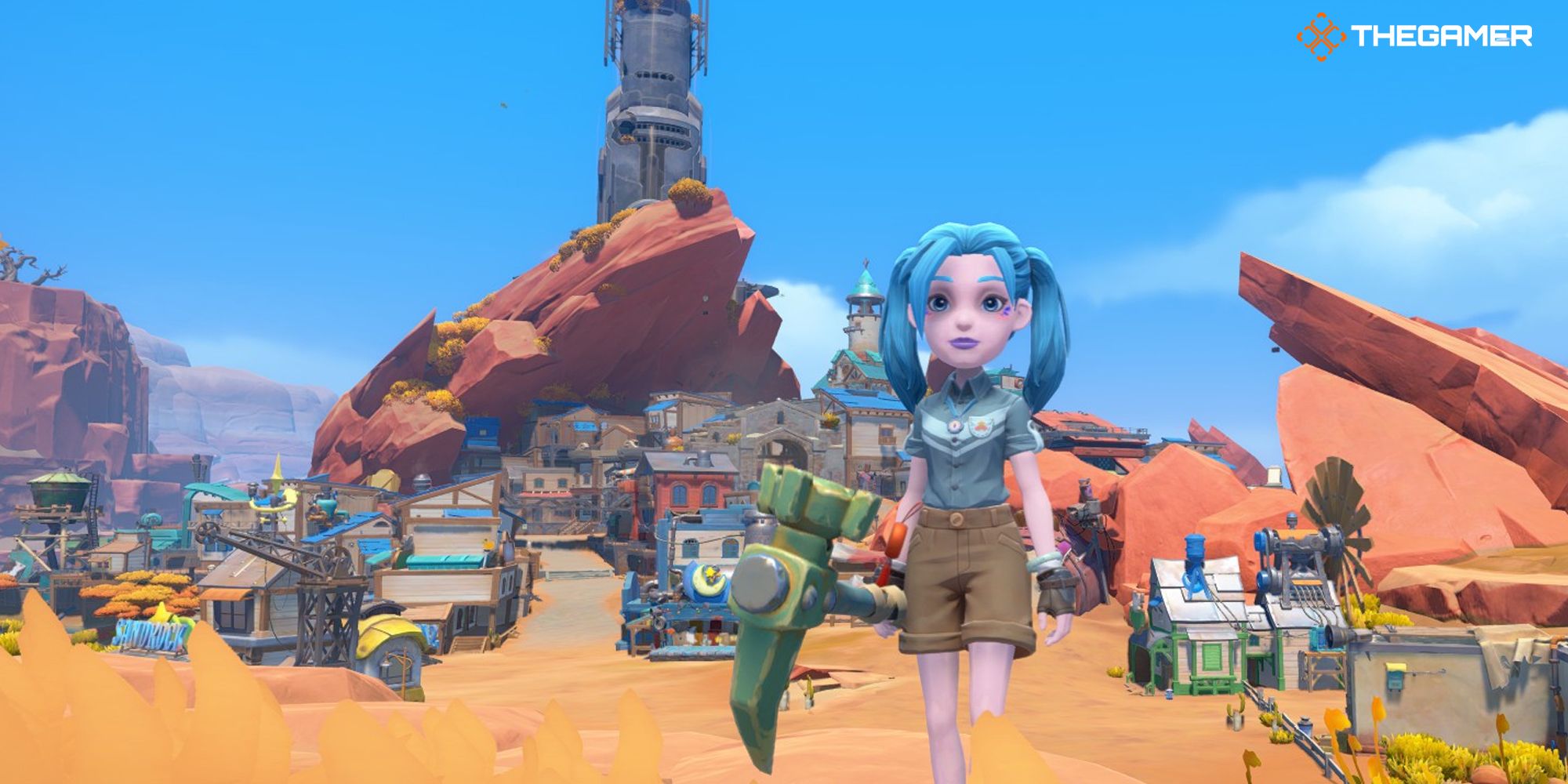 My Time at Sandrock player standing in front of the town