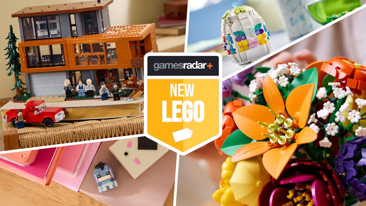 Lego Twilight, Easter Egg, Eeyore, and Flowers divided by white lines, with a GamesRadar+ new Lego badge in the middle