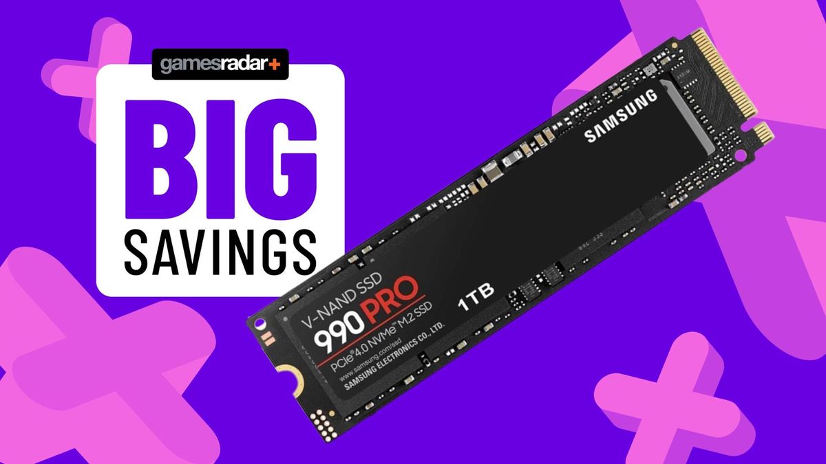 Image of the Samsung 990 Pro 1TB SSD with a light purple GamesRadar background.