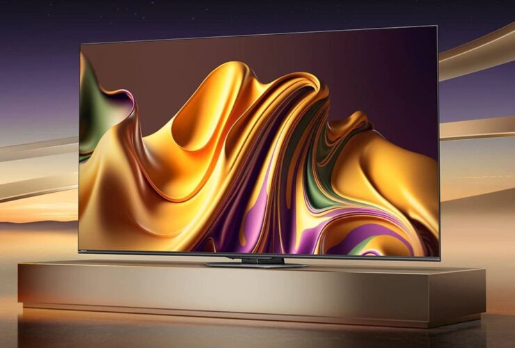 Hisense U8N TV with gold and blue backdrop and liquid gold on screen on block unit.