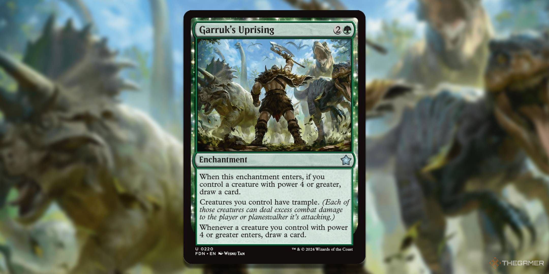 MTG Garruk's Uprising card with the art in the background.