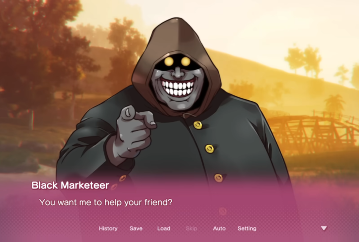 screenshot from "Palworld ~ More Than Just Pals" trailer showing black marketeer speaking