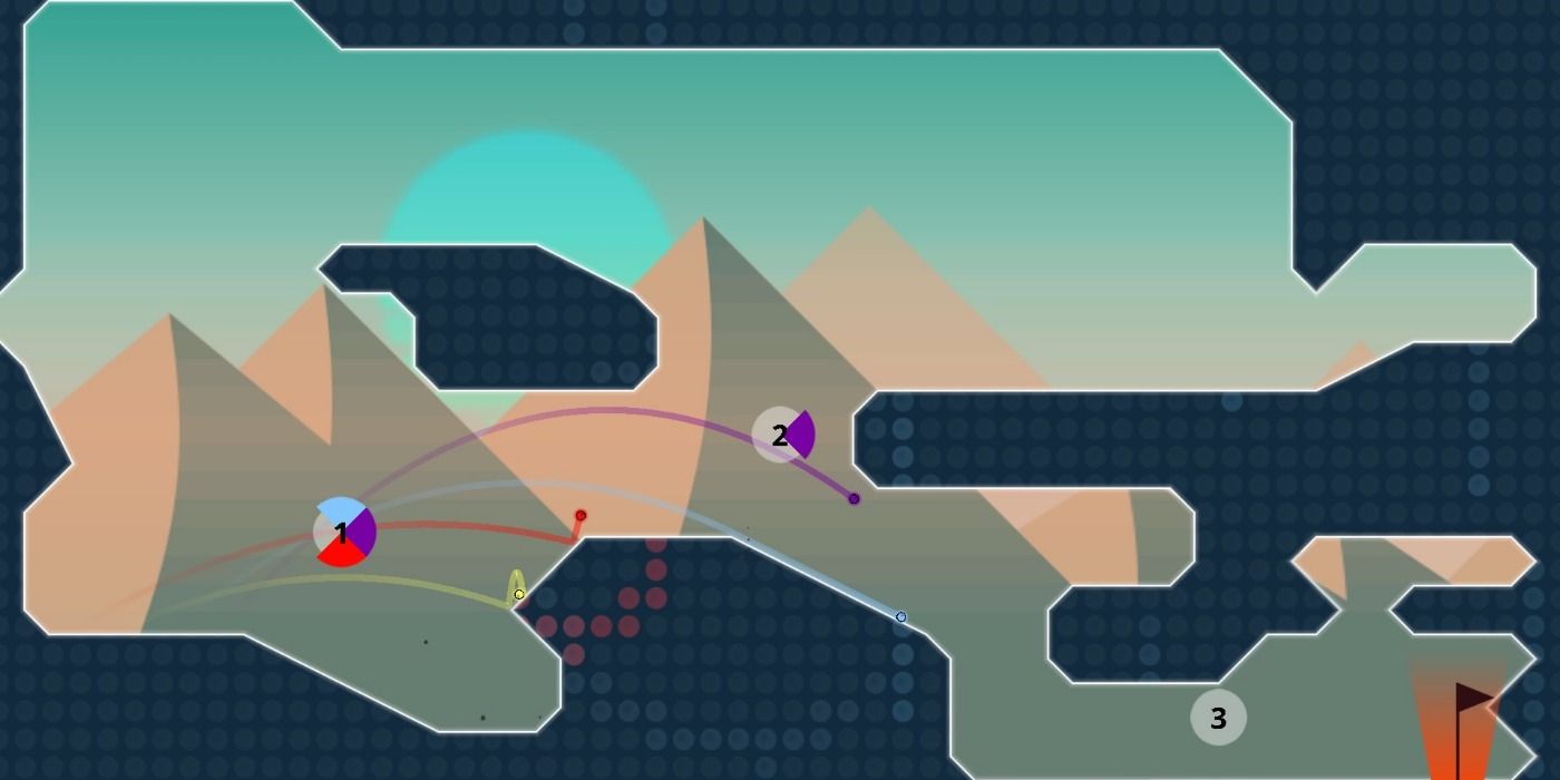 Four balls with differenct colored lines moving inside a level.